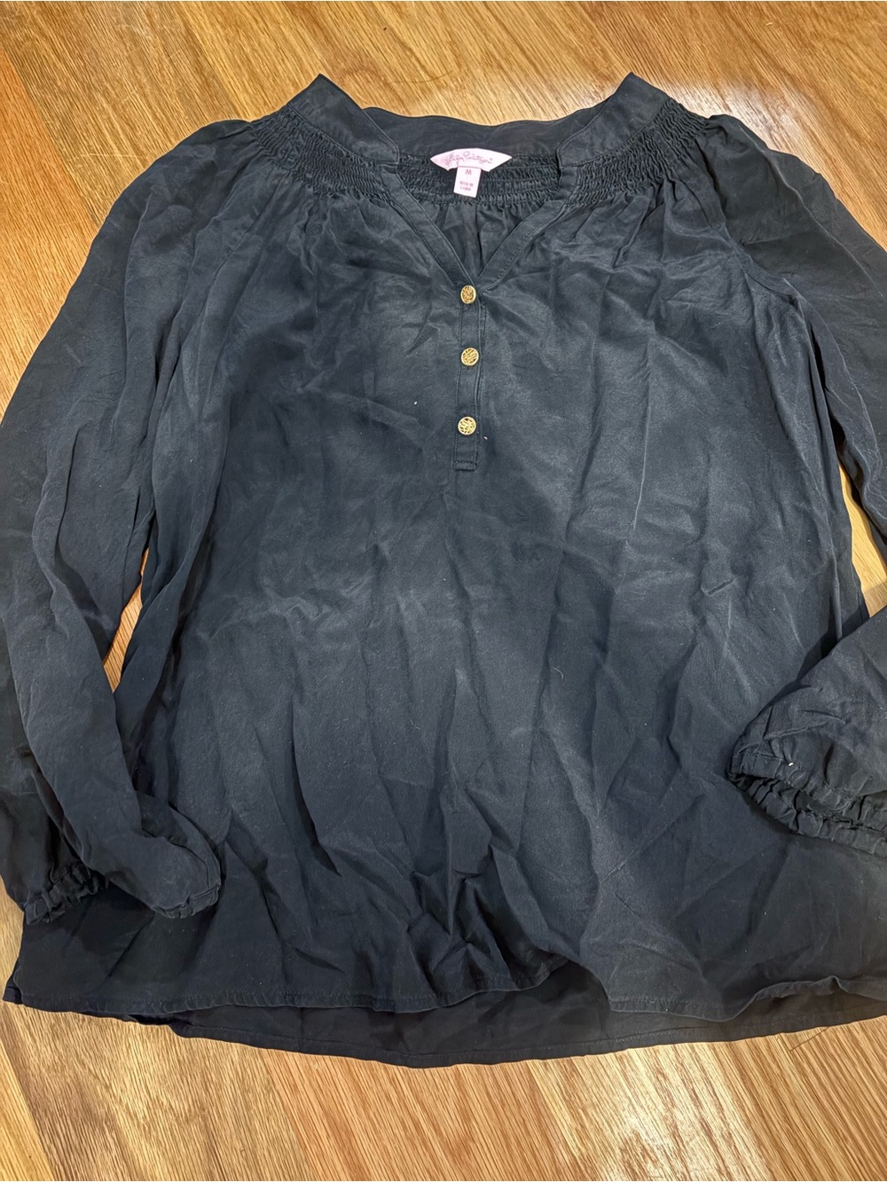 Lilly Pulitzer Black Smocked Yoke Long-Sleeve Blouse